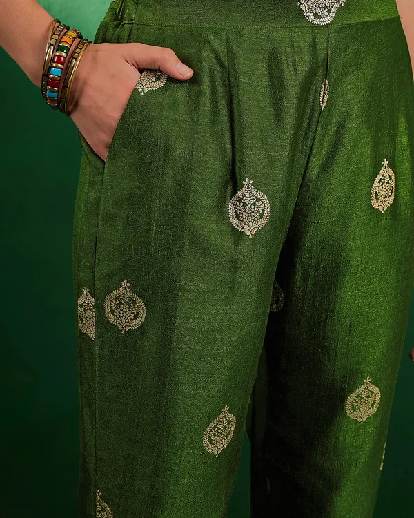 Green_Vichitra_Zari_Sequence_Embroidery_With_Printed_A_Line_Kurta_With_Pant_And_Dupatta_Set