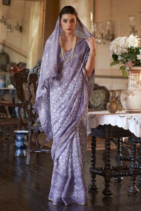 Light_Purple_Soft_Mul_Cotton_Saree_With_Batik_Print_&_Zari_Woven