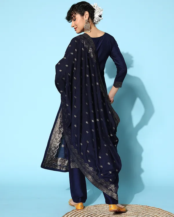 Blue_Jacquard_Zari_Weaving_Kurta_Pant_Set_With_Dupatta