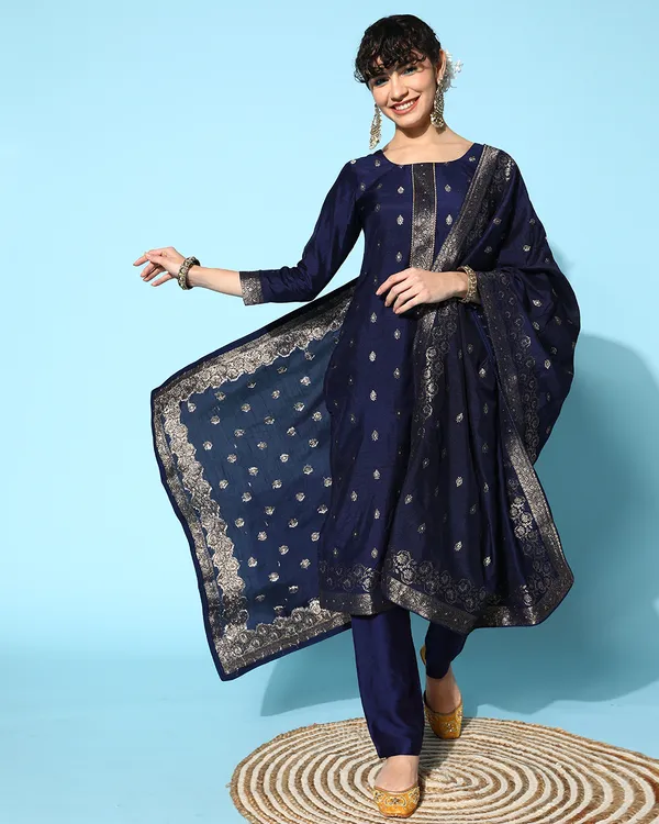 Blue_Jacquard_Zari_Weaving_Kurta_Pant_Set_With_Dupatta