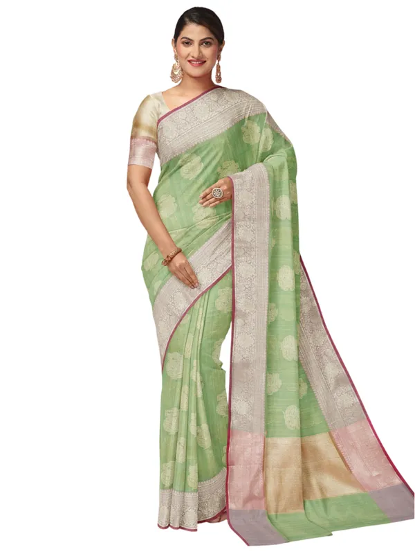 Light_Green_Matka_Silk/Silk_Blend_Banarasi_Sarees_For_Women