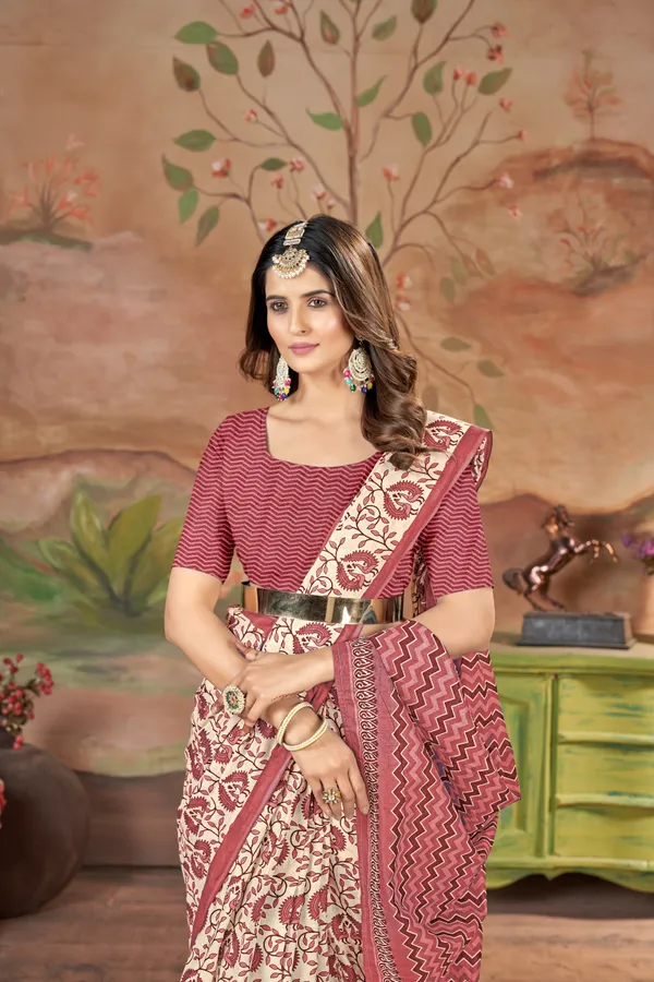 Ikkat_Print_Pure_Soft_Cotton_saree_With_Blouse_Piece