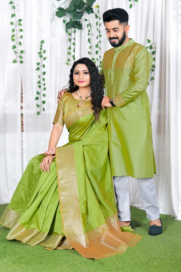 Assam_Silk_Saree_and_Viscose_Silk_Kurta_Lovely_Mehndi_Green_Couple_Combo