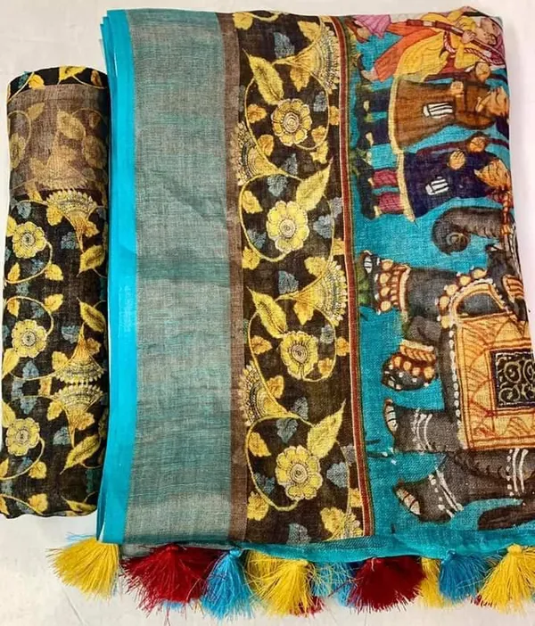 Blue_Linen_Saree_with_Kalamkari_Print_and_Unstitched_Blouse_Piece