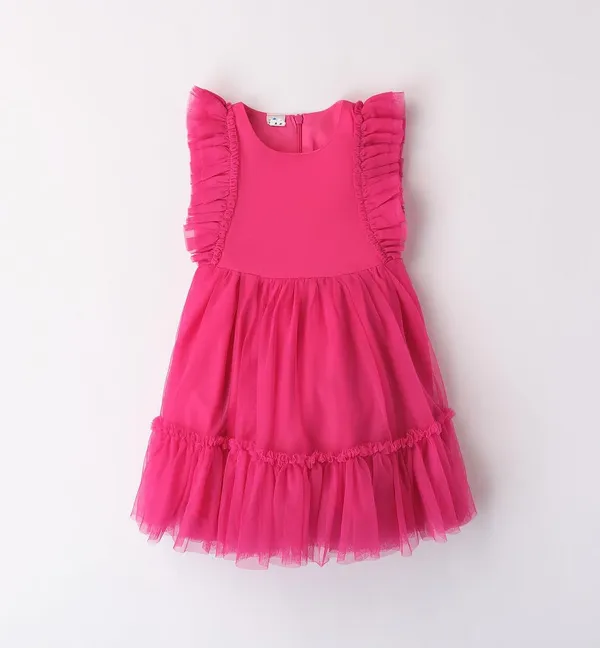 Magenta_Net_Solid_Round_Neck_Dress_For_Girls