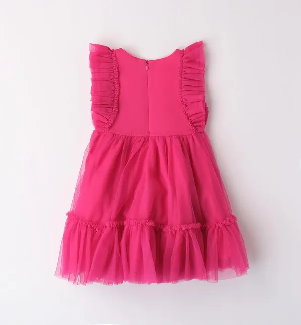 Magenta_Net_Solid_Round_Neck_Dress_For_Girls