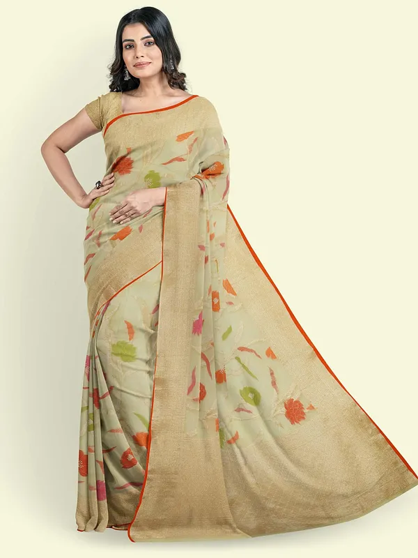 Beige_Cotton_Blend_Banarasi_Sarees_For_Women