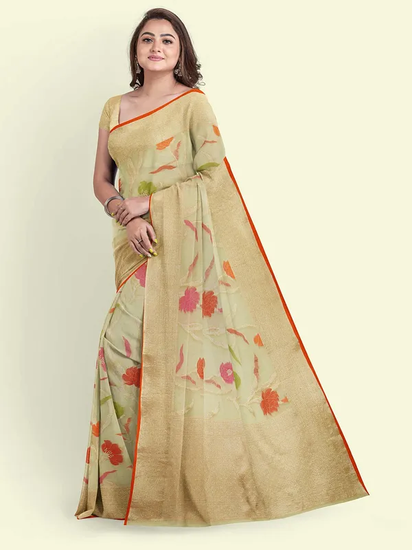 Beige_Cotton_Blend_Banarasi_Sarees_For_Women