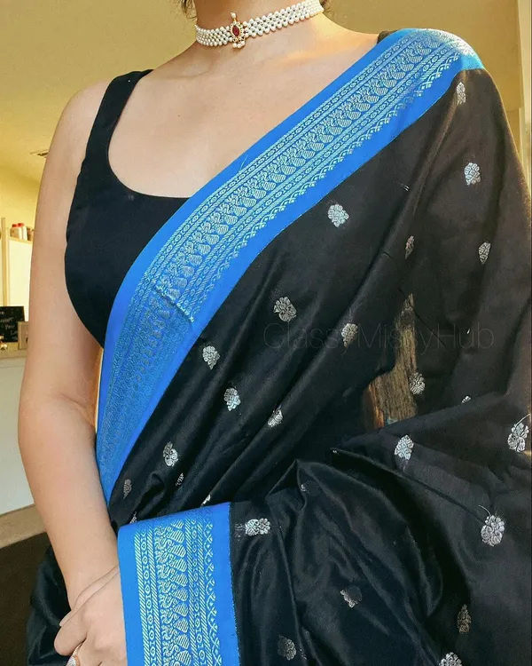 Black/Blue_Banarasi_Silk_Wedding_&_Party_Wear_Saree_&_Unstiched_Blouse_For_Women