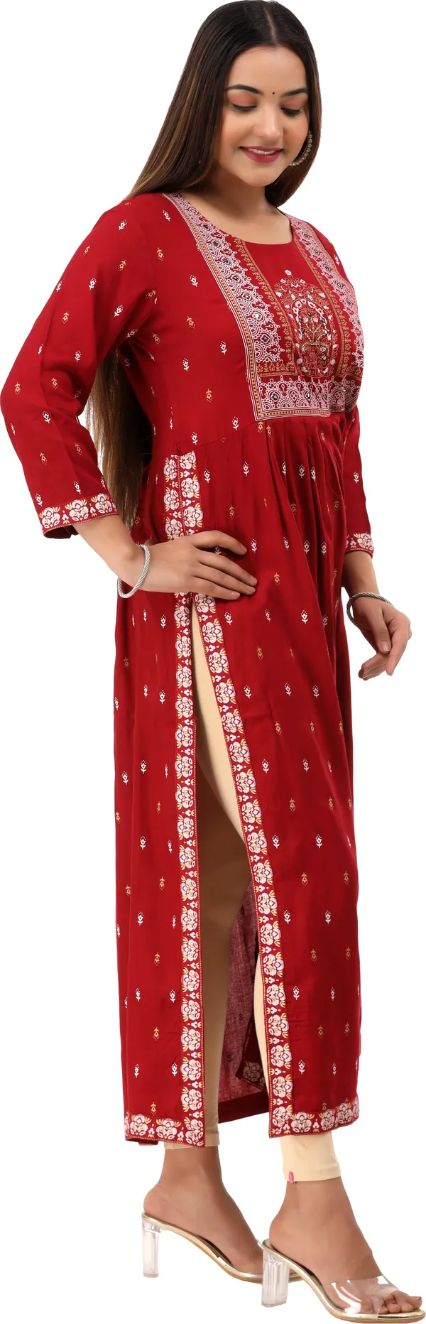 Maroon_&_Grey_&_Beige_Printed_Frontslit_Kurta_For_Women