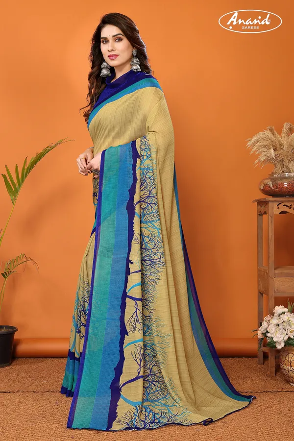 Striped,_Floral_Print_Daily_Wear_Georgette_Saree_(Mustard)