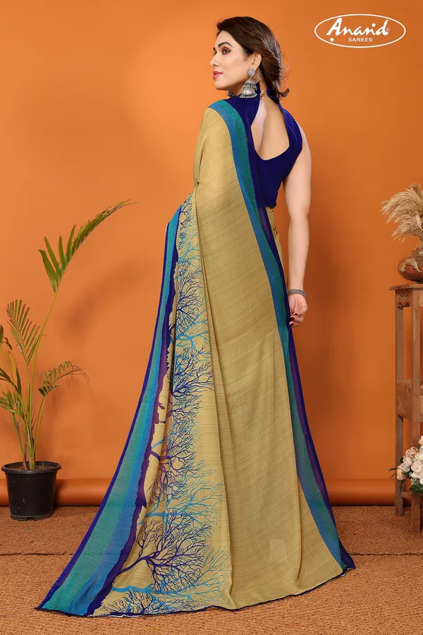 Striped,_Floral_Print_Daily_Wear_Georgette_Saree_(Mustard)