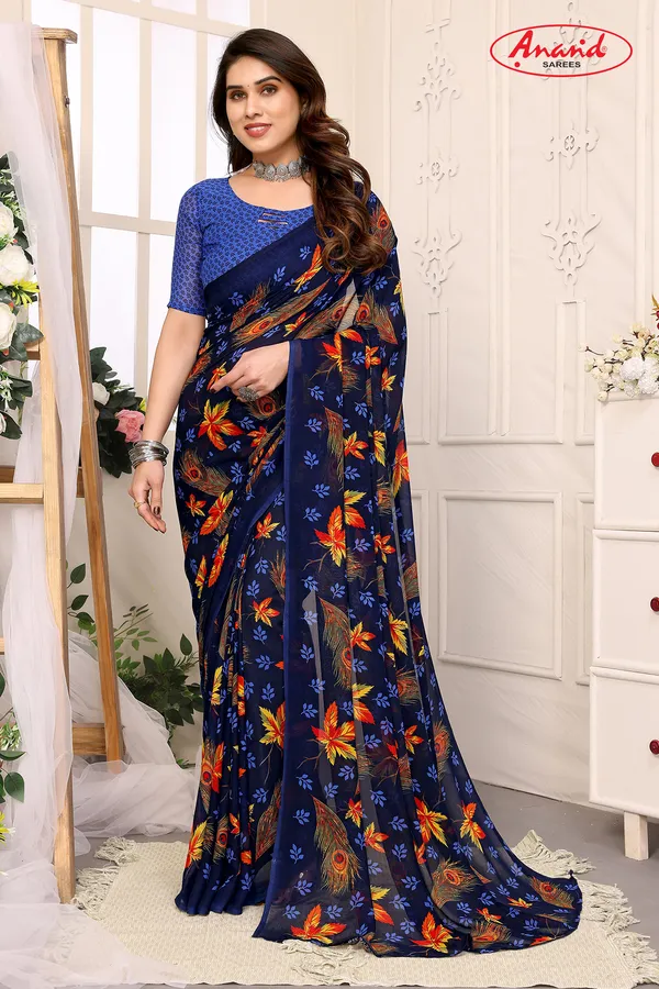Printed,_Paisley,_Floral_Print_Bollywood_Georgette_Saree_(Dark_Blue)
