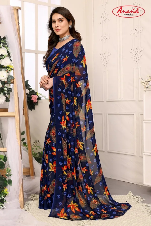 Printed,_Paisley,_Floral_Print_Bollywood_Georgette_Saree_(Dark_Blue)