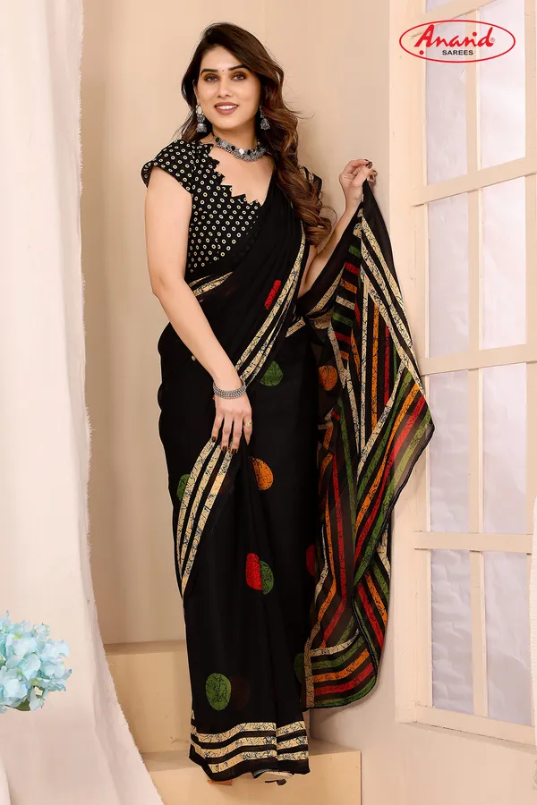 Printed,_Paisley,_Geometric_Print_Bollywood_Georgette_Saree_(Black)