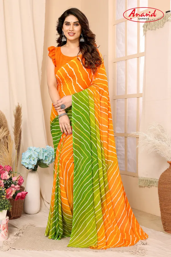 Printed,_Striped,_Ombre_Bollywood_Georgette_Saree_(Green,_Orange)