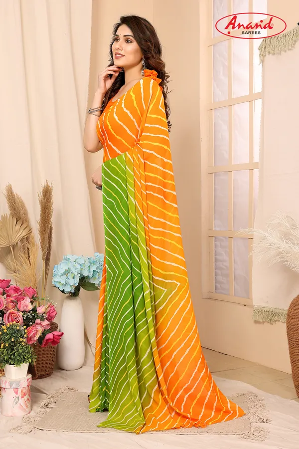 Printed,_Striped,_Ombre_Bollywood_Georgette_Saree_(Green,_Orange)