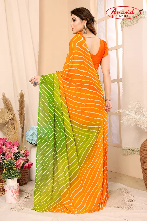 Printed,_Striped,_Ombre_Bollywood_Georgette_Saree_(Green,_Orange)