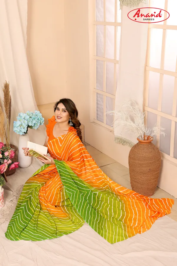 Printed,_Striped,_Ombre_Bollywood_Georgette_Saree_(Green,_Orange)