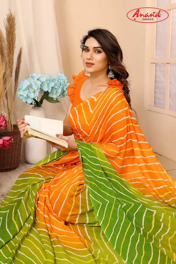 Printed,_Striped,_Ombre_Bollywood_Georgette_Saree_(Green,_Orange)