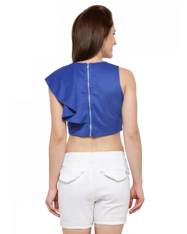 Crew_Neck_One_Shoulder_Ruffle_Back_Zipper_Sleeveless__Short_Tee_Fancy_Crop_Top_For_Women