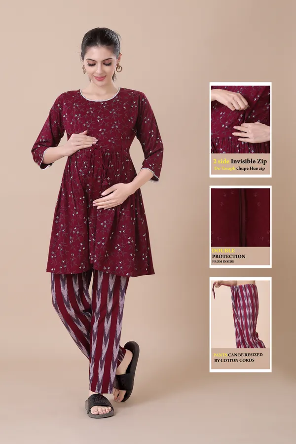 Wine_Maternity_&_Feeding_Night_Suit_With_Zippers_(Top_&_Bottom)