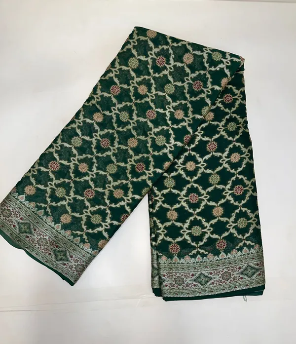 Humairah_Presents_Pure_Handloom_Dark_Green_Chiffon_Resham_Mina_Bandhani_Zari_Booti_with_Miankari_Pallu_and_Zari_Border_with_Dark_Green_Blouse
