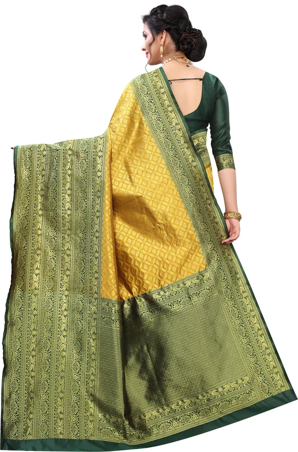 Yellow_Woven_Dharmavaram_Silk_Blend,_Jacquard_Saree_with_Saree_Cover