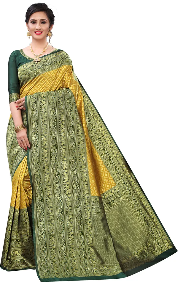 Yellow_Woven_Dharmavaram_Silk_Blend,_Jacquard_Saree_with_Saree_Cover