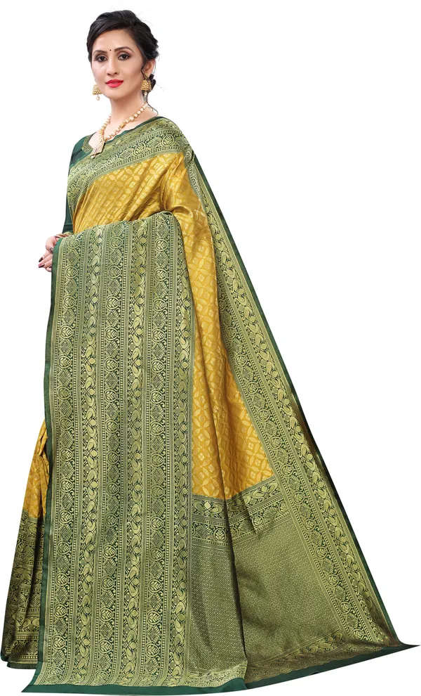 Yellow_Woven_Dharmavaram_Silk_Blend,_Jacquard_Saree_with_Saree_Cover