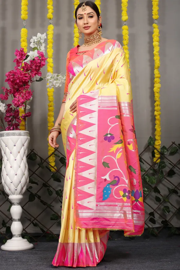 Fuchsia pink triple muniya silk paithani saree with peacock butti – GoCoop