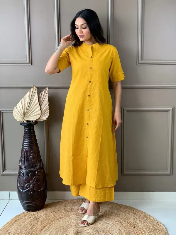 Mustard_Rayon_Katha_Work_Kurti_&_Pent_Set