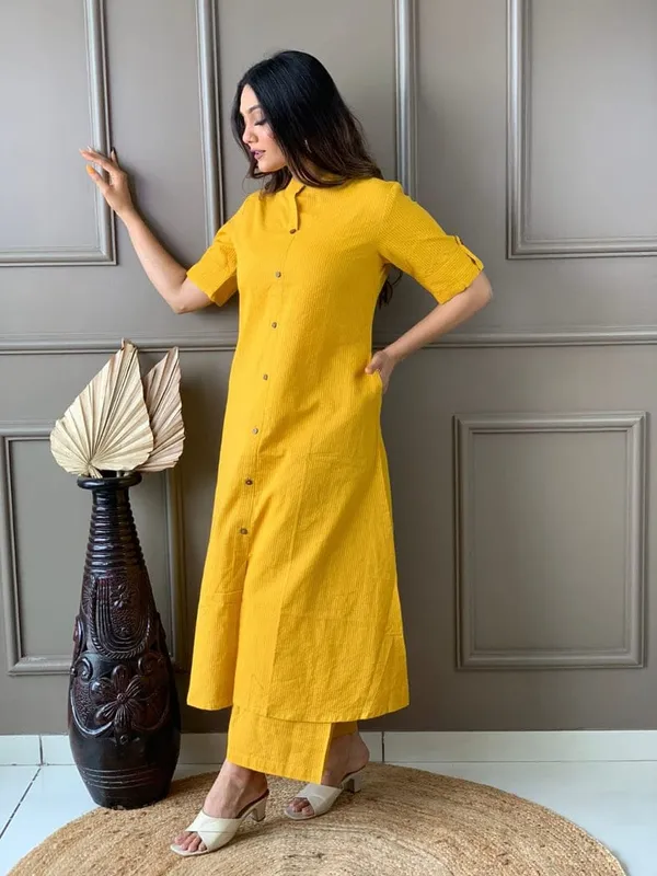 Mustard_Rayon_Katha_Work_Kurti_&_Pent_Set