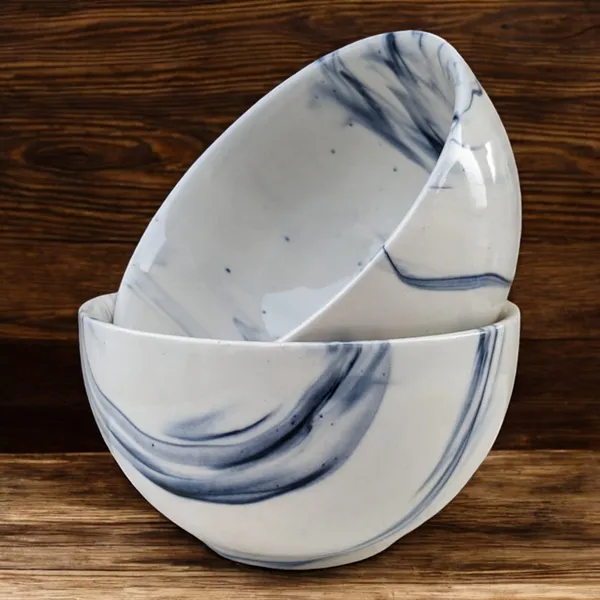 _Pack_of_2_Ceramic_Italian_Marble_Print_Handcrafted_Double_Shade_Bowl_Set_�_Perfect_for_Vegetables_and_Serving,_Ideal_for_Home_Kitchen_Dining_Table,_(Cream_with_Blue_Swirl)_(14cm_x_8cm)