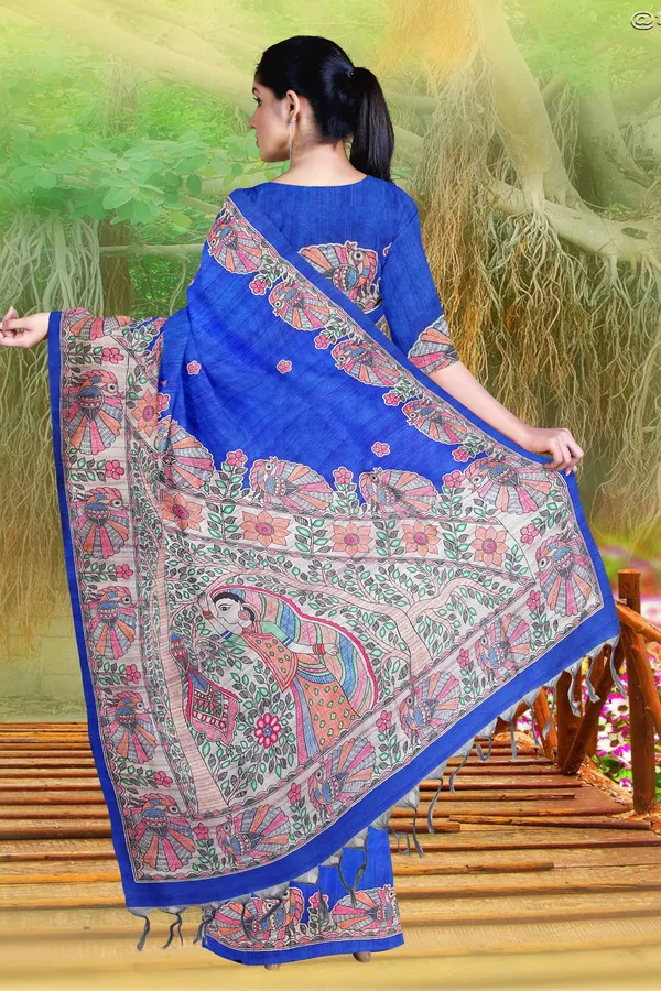 Blue_Madhubani_Cotton_Silk_Printed_Saree