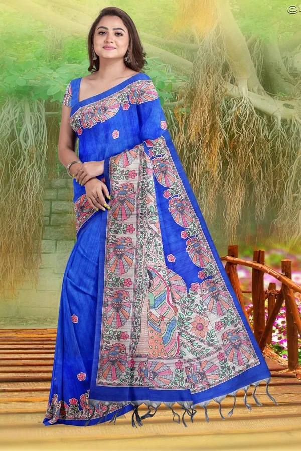 Blue_Madhubani_Cotton_Silk_Printed_Saree