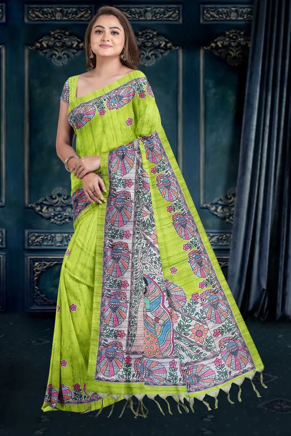 Green_Madhubani_Cotton_Silk_Printed_Saree