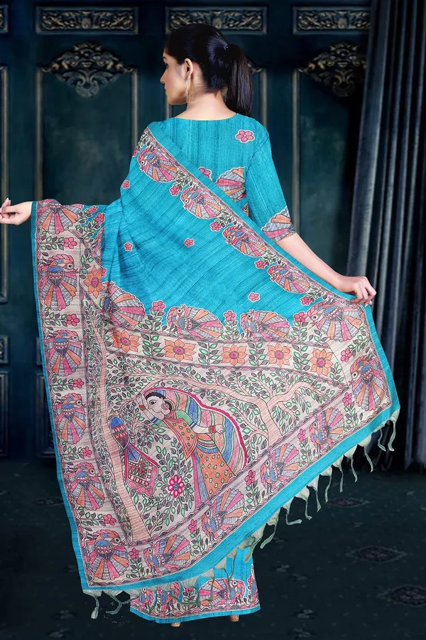 Light_Blue_Madhubani_Cotton_Silk_Printed_Saree