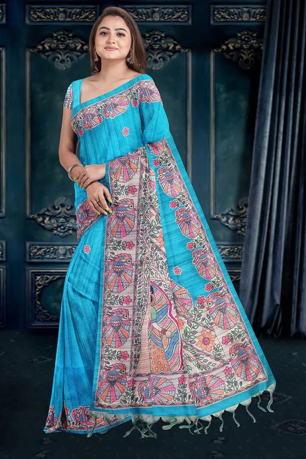 Light_Blue_Madhubani_Cotton_Silk_Printed_Saree