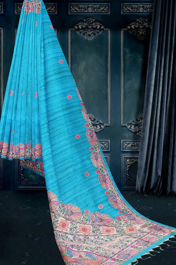 Light_Blue_Madhubani_Cotton_Silk_Printed_Saree