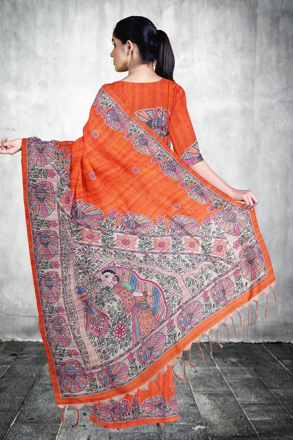 Orange_Madhubani_Cotton_Silk_Printed_Saree