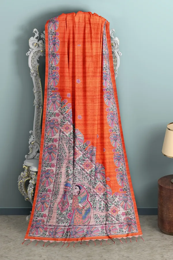 Orange_Madhubani_Cotton_Silk_Printed_Saree