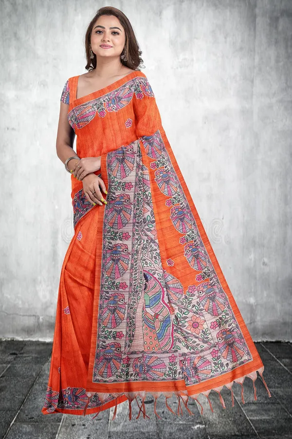Orange_Madhubani_Cotton_Silk_Printed_Saree