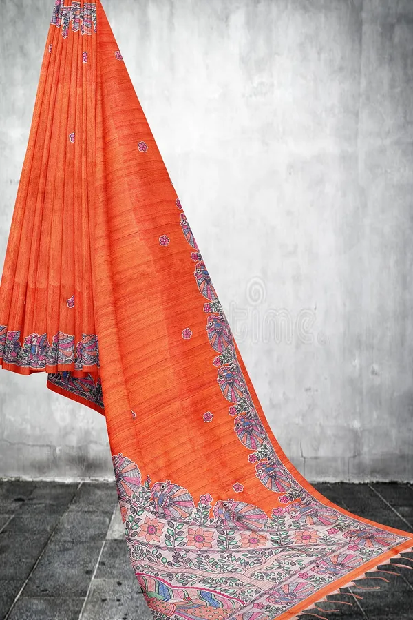 Orange_Madhubani_Cotton_Silk_Printed_Saree