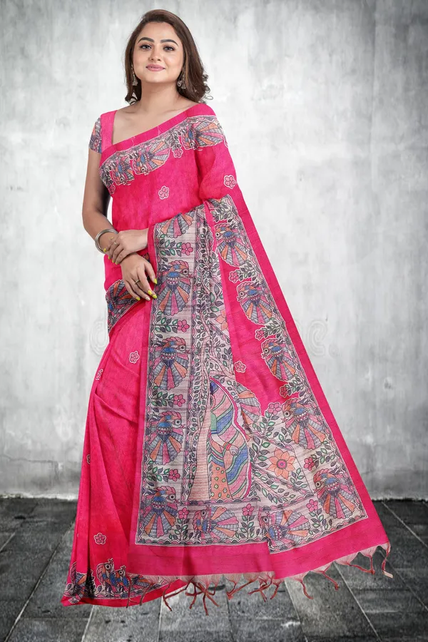 Pink_Madhubani_Cotton_Silk_Printed_Saree