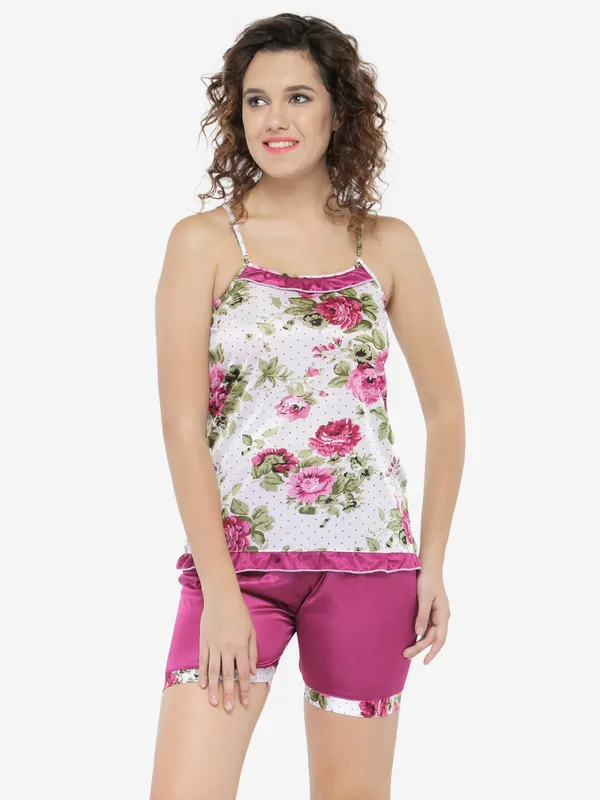 Magenta_Satin_Floral_Print_Cami_Shorts_Set_For_Women