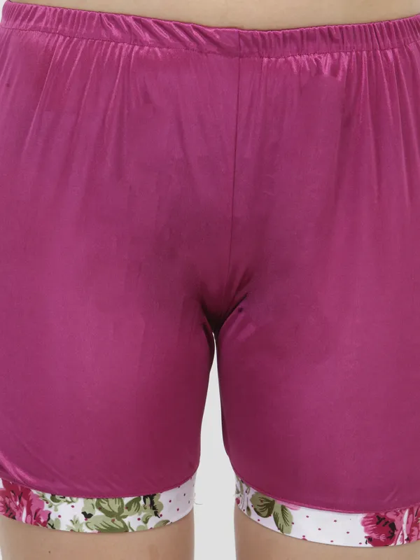 Magenta_Satin_Floral_Print_Cami_Shorts_Set_For_Women