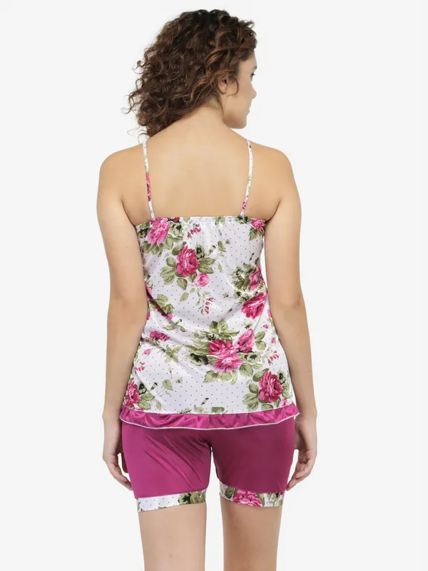 Magenta_Satin_Floral_Print_Cami_Shorts_Set_For_Women