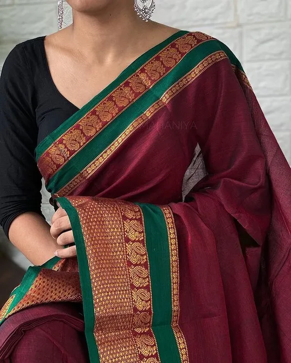 Maroon_Handloom_Plain_Narayanpet_Cotton_saree