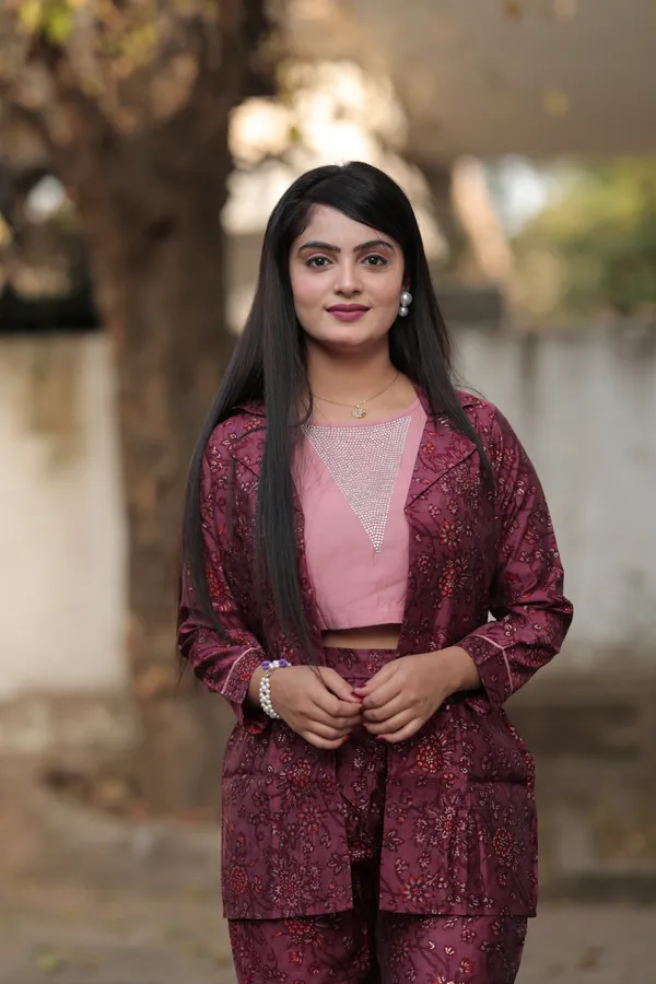Maroon_Long_Printed_Modal_Silk_3/4_Sleeve_Round_Neck_Co-Ords_For_Women